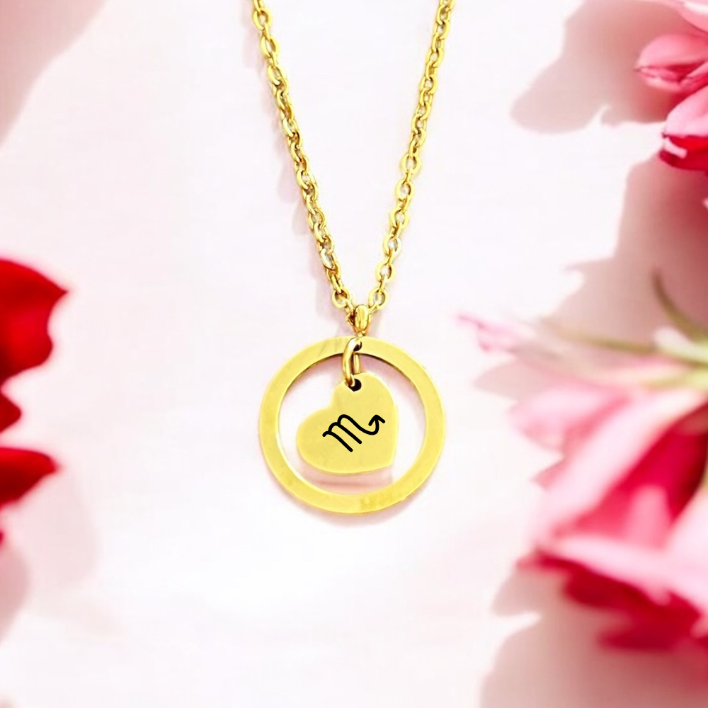 Cherished Circle: Stainless Steel Round Pendant Necklace with Heart Charm with Personalised Engraving
