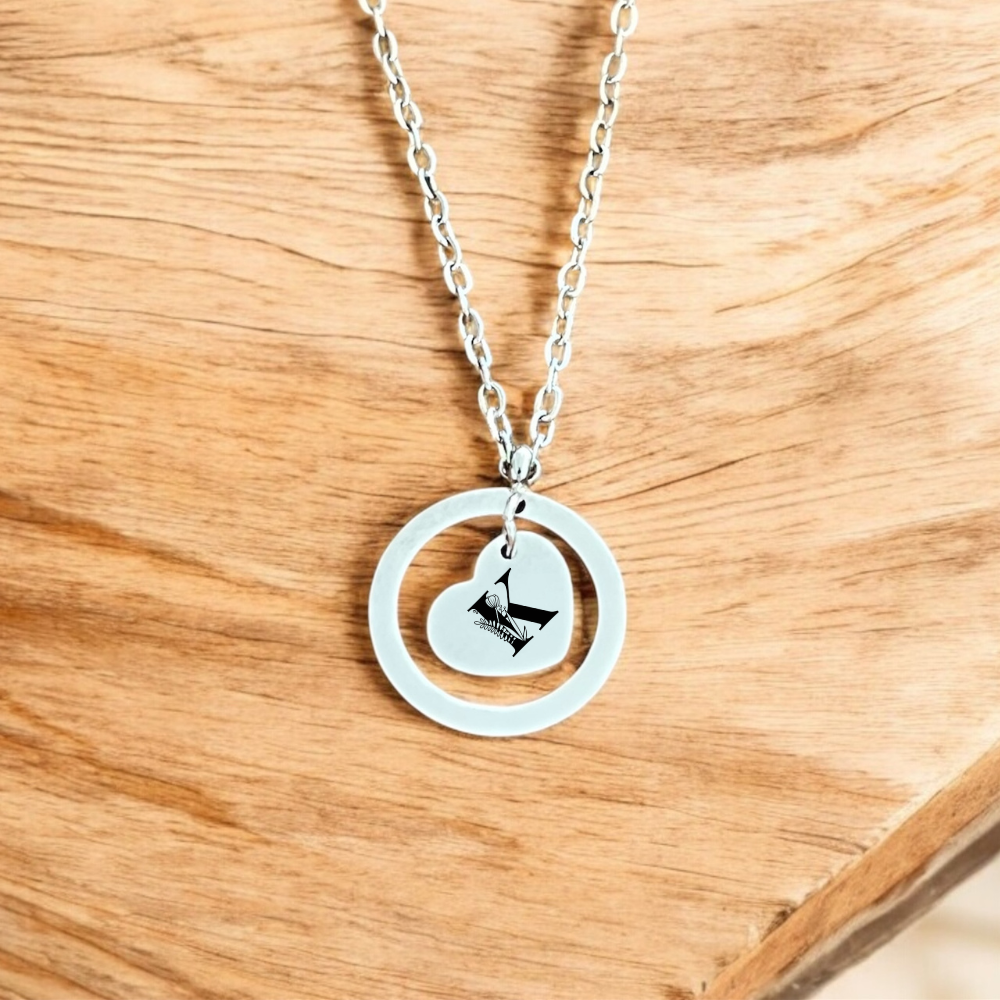 Cherished Circle: Stainless Steel Round Pendant Necklace with Heart Charm with Personalised Engraving