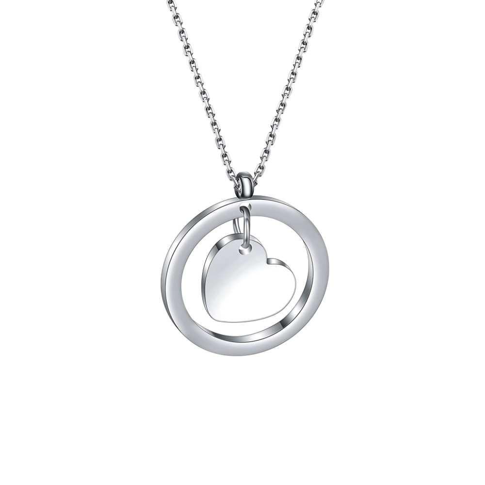 Cherished Circle: Stainless Steel Round Pendant Necklace with Heart Charm with Personalised Engraving