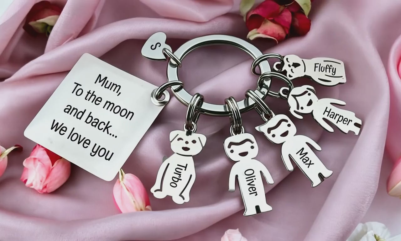 Pocket Loved Ones: Personalised Stainless Steel Keyring with Kids & Pets Charms
